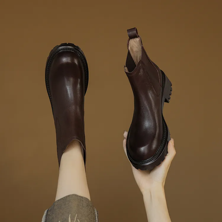 4.5CM，牛皮弹力靴瘦瘦靴粗跟厚底英伦风马丁靴圆头秋冬短筒时装靴