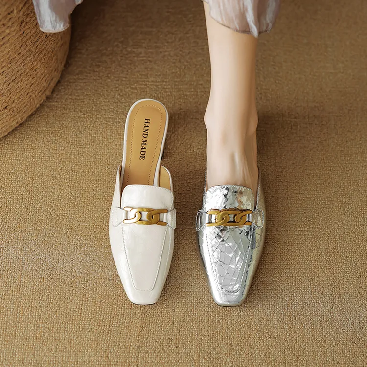 羊皮夏季外穿粗跟高跟鞋包头穆勒鞋百搭时尚皮拖网红优雅粗跟真皮