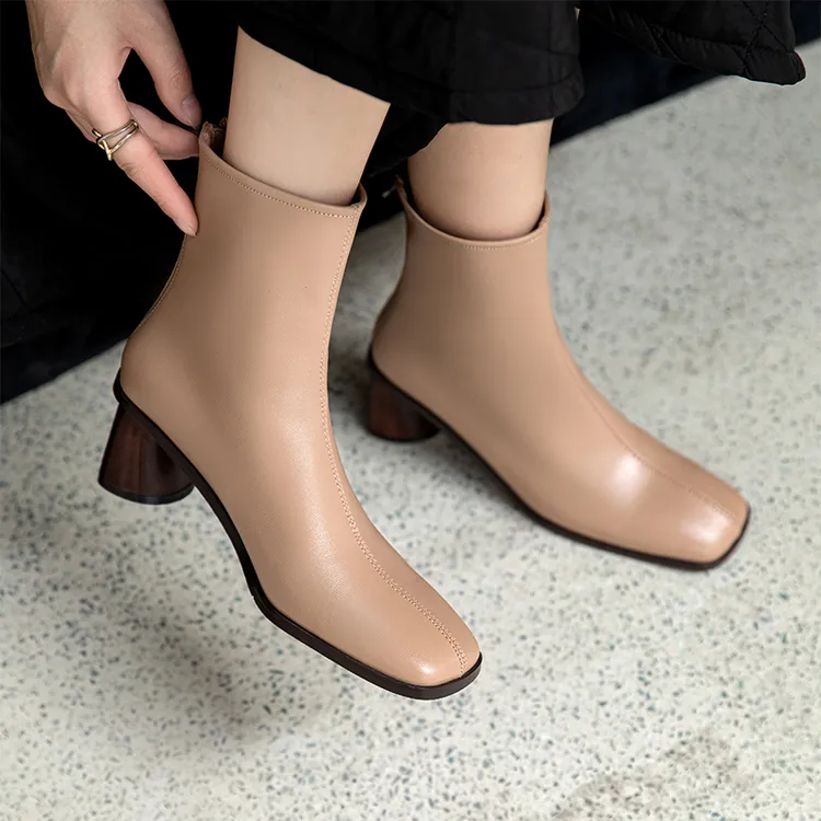 【GS】羊皮短靴粗跟方头时装靴马丁靴女高跟瘦瘦靴时装靴跟高5CM
