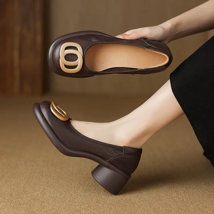 4.5CM，羊皮踩屎感真皮厚底小皮鞋新款圆头浅口休真皮低跟女式浅口