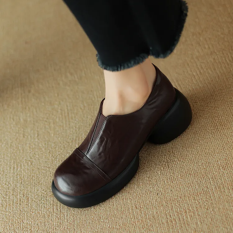 6CM，厚底乐福鞋春秋复古单鞋英伦风圆头休闲鞋厚底耐磨英伦乐福鞋