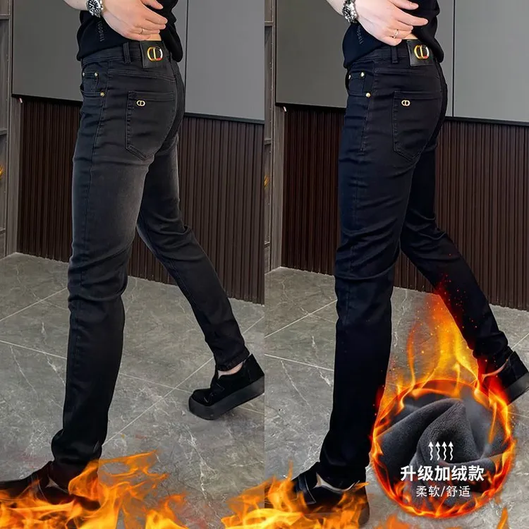 黑色牛仔裤男款冬季加绒加厚复古烟灰色休闲男款烟灰色加绒牛仔裤