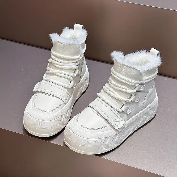 万达撤柜头层牛皮白色雪地靴女款2025冬季系带加绒厚底保暖短靴子