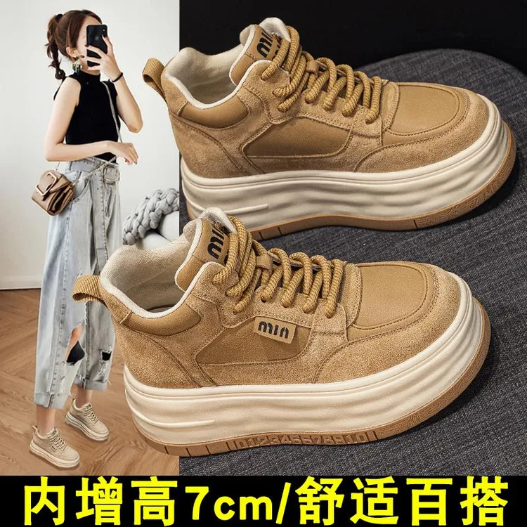 万达撤柜头层牛皮板鞋女厚底7cm高帮2025秋冬季加绒复古内增高女.