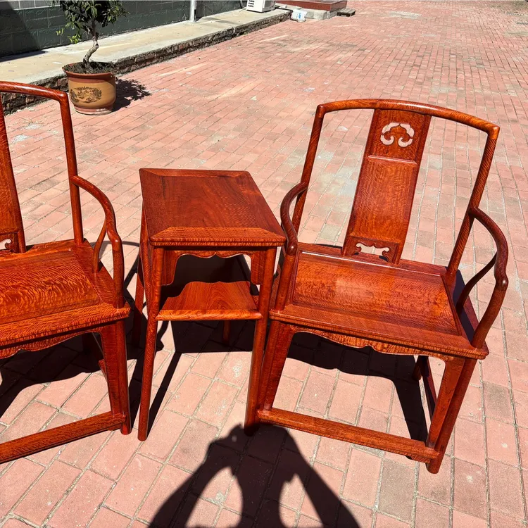 缅甸大果紫檀水波纹南官帽圈椅三件套复古手工新中式客厅家用