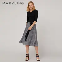 MARYLING玛俪琳秋季黑色时尚绑带翻领修身羊毛针织衫A1CAW01600