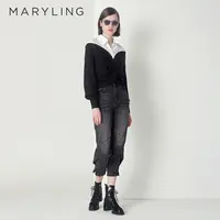 MARYLING玛俪琳秋冬季黑色锥形束脚女士修身九分牛仔裤A1CHW56120