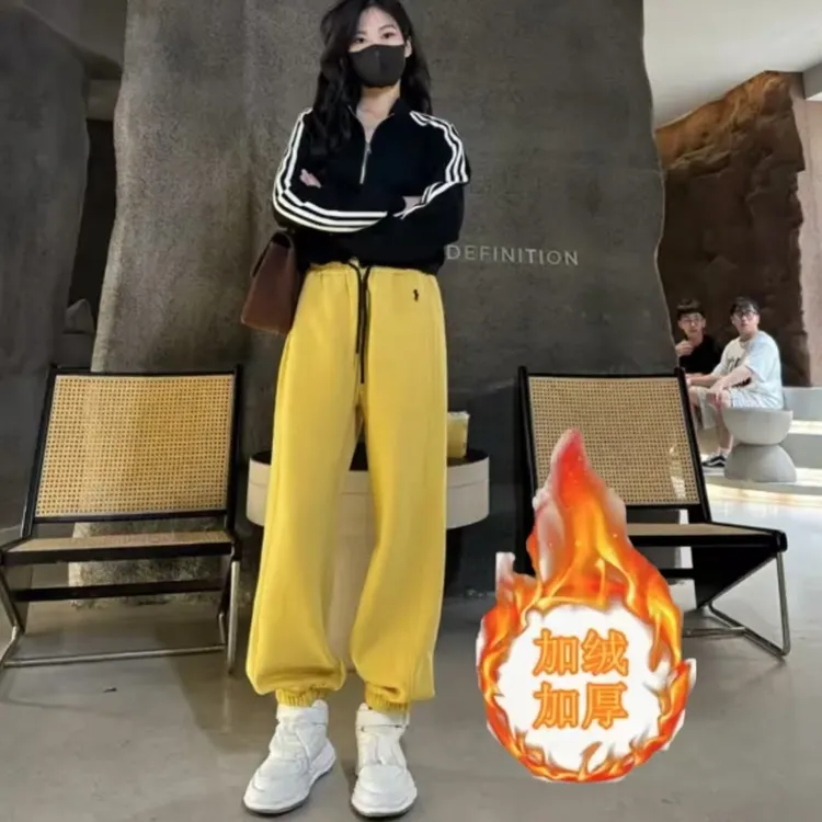 冬季新款女装加绒刺绣运动休闲高腰百搭卫裤束脚裤