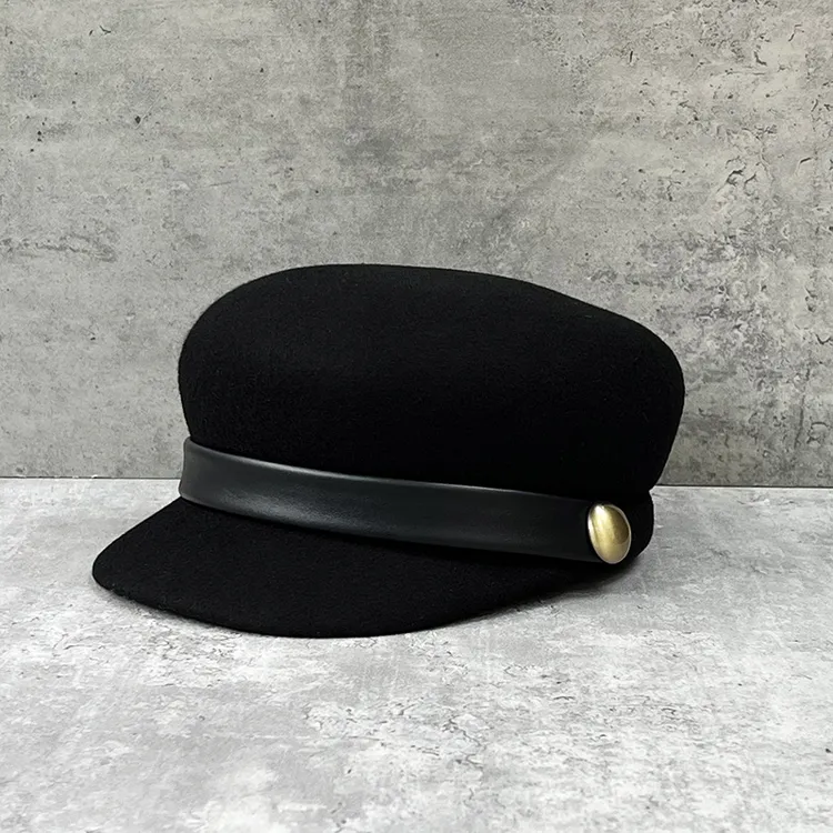 博主同款时尚百搭显脸小短檐平顶定型羊毛礼帽女秋冬季皮带马术帽