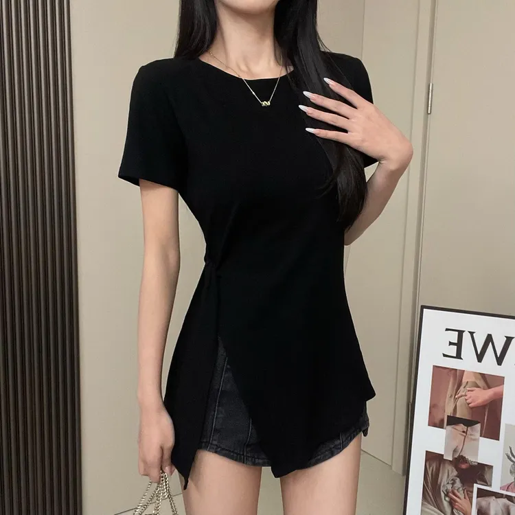 眼月【现货发货】不规则侧开叉收腰修身纯色百搭圆领V领短袖显瘦长T