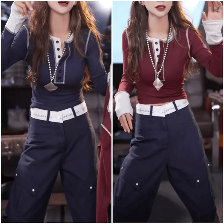 撞色拼接明线长袖t恤女2025春季新款设计感小众圆领修身显瘦上衣