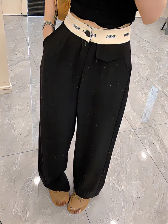 大码拼接字母西装裤女秋季西裤黑色直筒裤拖地裤高个子休闲阔腿裤