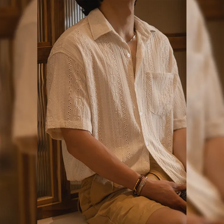 古叔的着 美式复古镂空提花短袖衬衫老钱风翻领肌理感休闲衬衣男