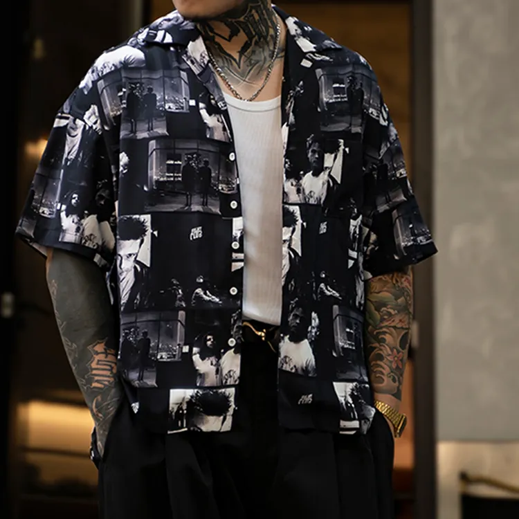 古叔的着皮特电影搏击俱乐部人像满印休闲宽松夏威夷短袖衬衫男夏