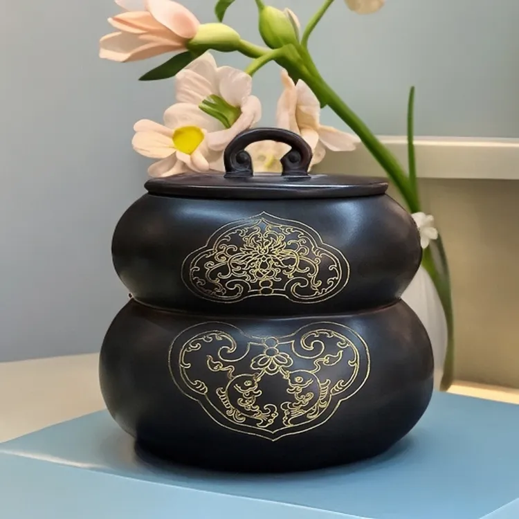 广西钦州坭兴陶事事如意葫芦茶叶罐中式防潮透气储茶醒茶六堡茶罐