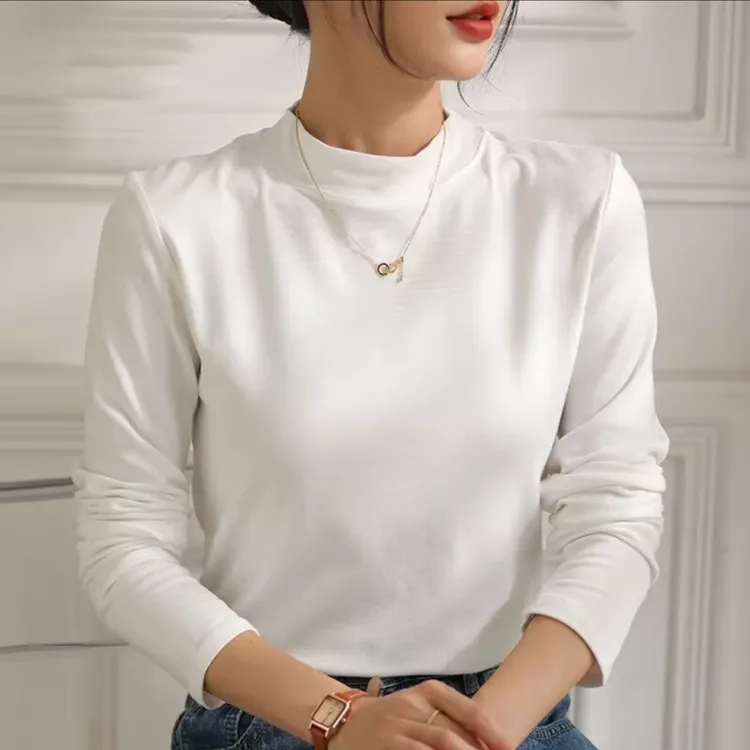 螺纹2023春秋款女士纯色时尚百搭显瘦打底衫T恤中领简约通勤常规