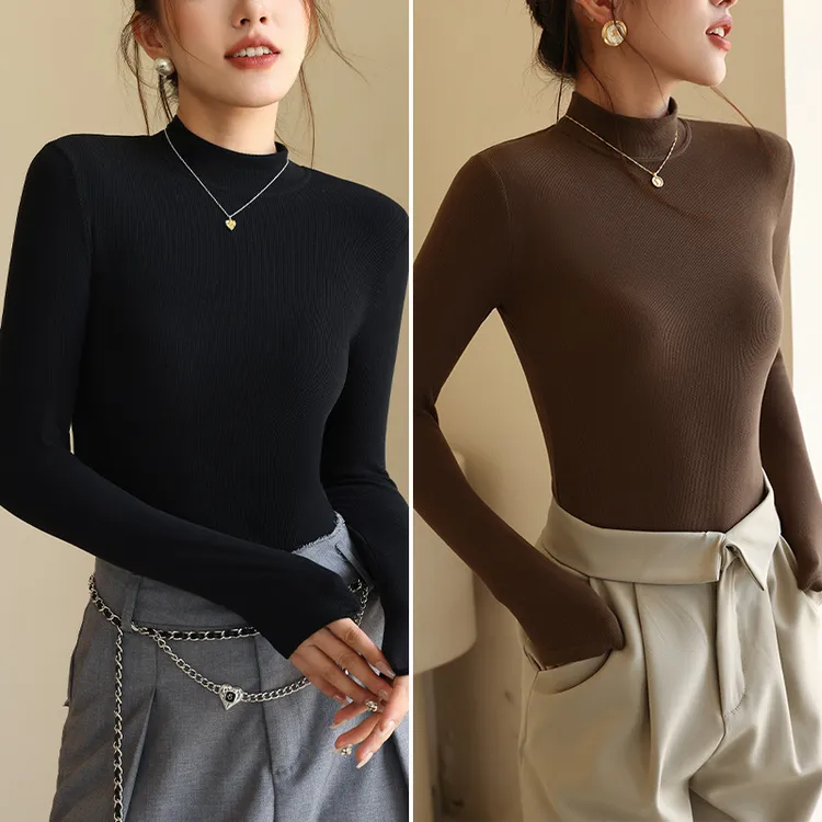 春季新款女士纯色螺纹时尚百搭保暖打底衫半高领简约通勤常规上衣
