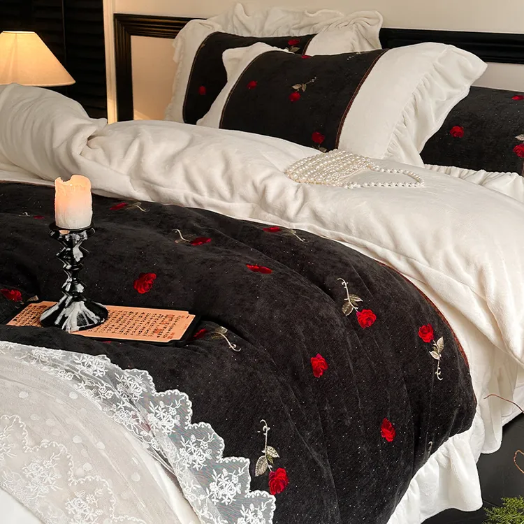 皇后娘娘高档轻奢公主风牛奶绒四件套韩版荷叶边冬季加绒床单被套