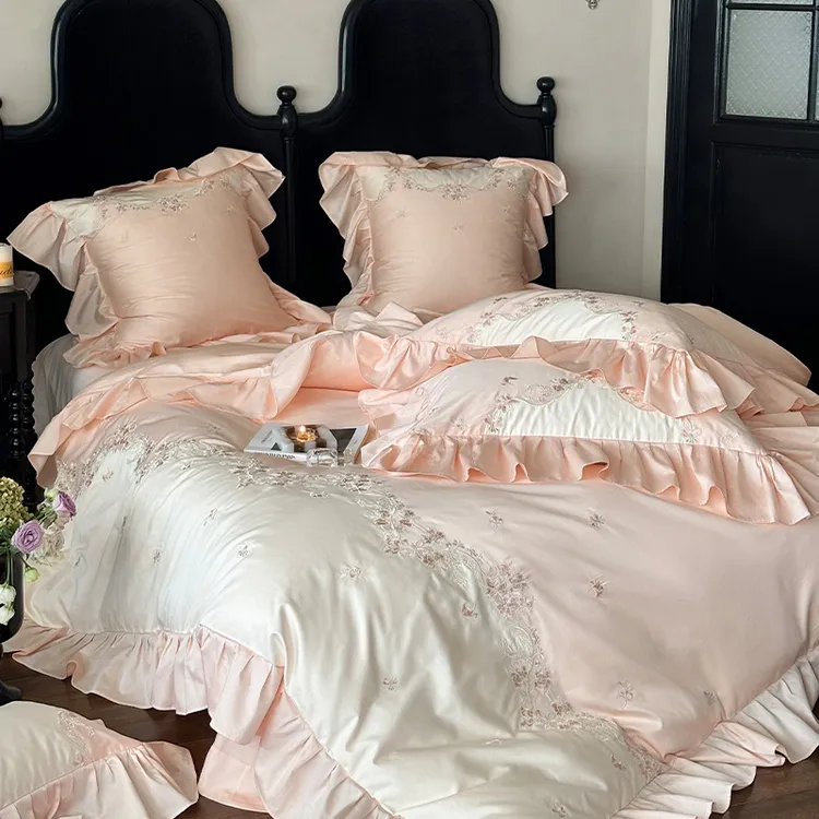 皇后娘娘法式花边长绒棉全棉四件套少女心刺绣花纯棉被套床单套件