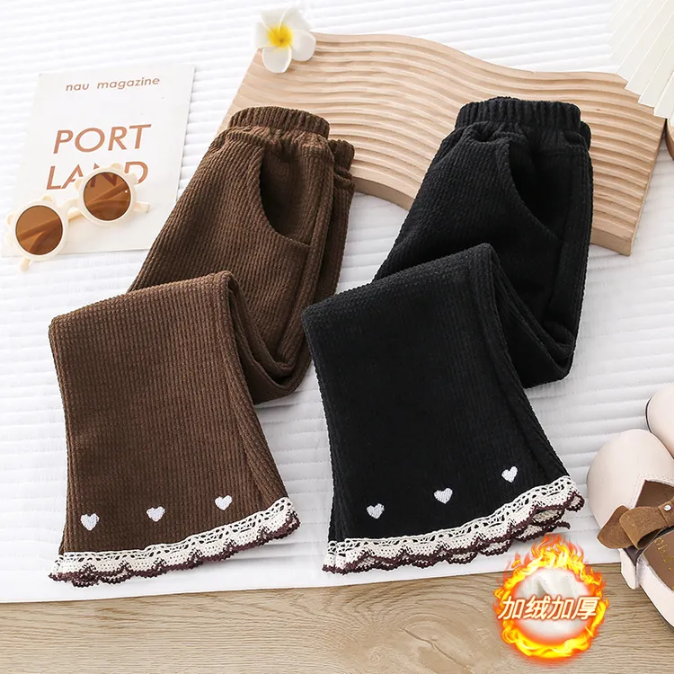 儿童喇叭裤女童爆米花一体绒休闲裤加绒加厚长裤女孩洋气花边爱心