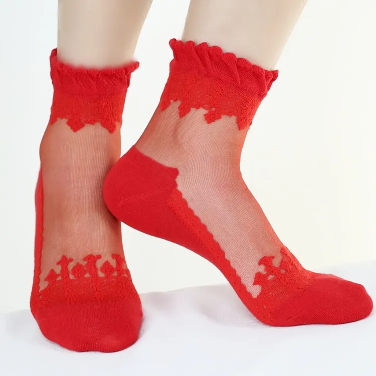 红色水晶丝女袜 薄款中腰过年大红袜子结婚红色袜子