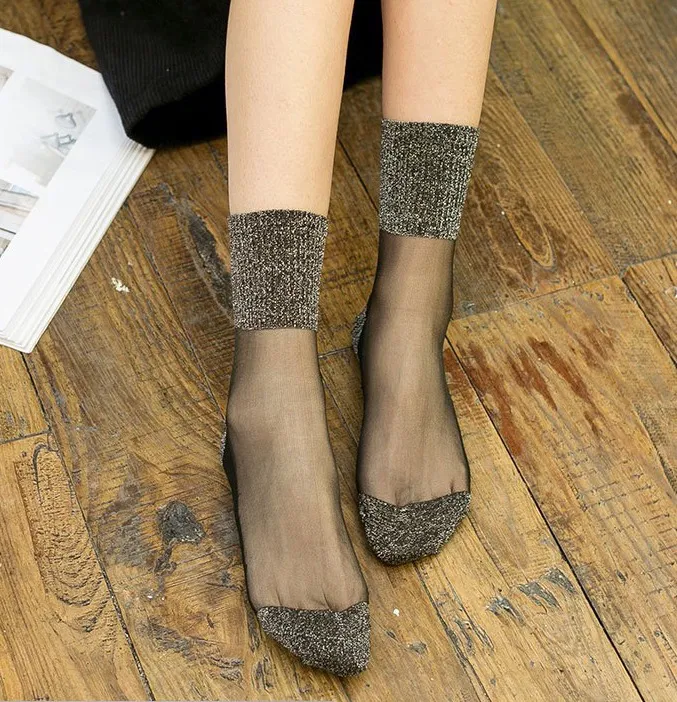 女水晶丝袜 中腰亮丝女袜棉底透气金银丝女袜