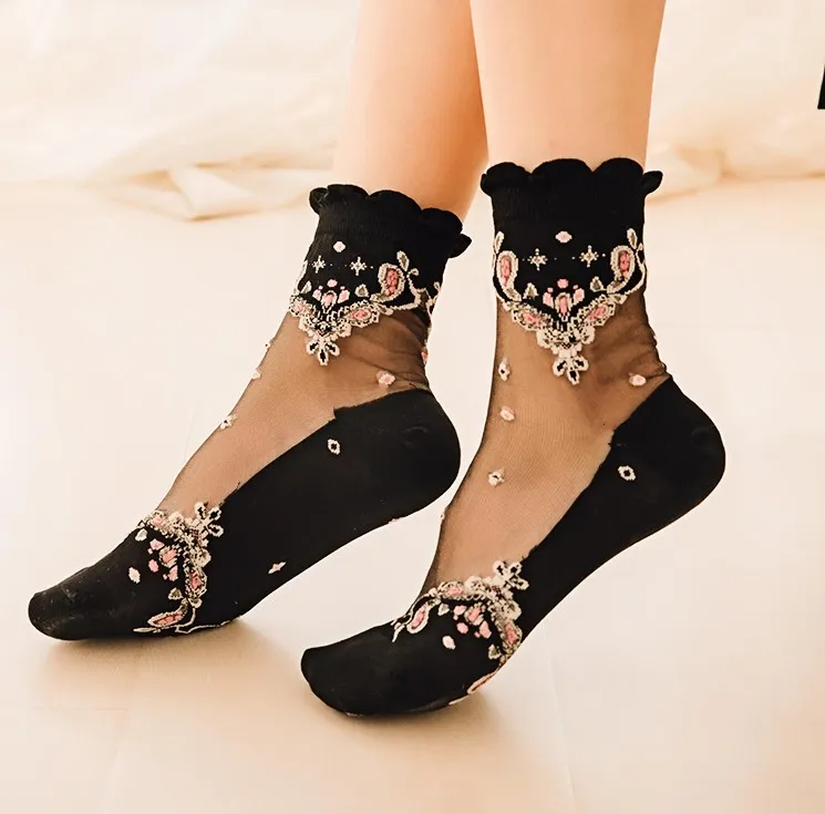 布洛克水晶丝女袜 薄款中腰棉底袜子水晶袜