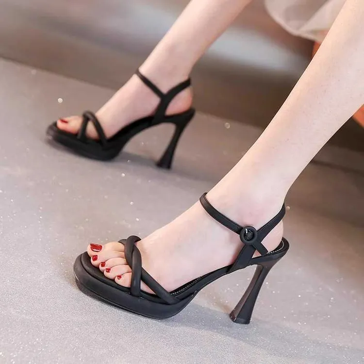 欧美厚底露趾一字扣带女凉鞋2025夏季新款细跟防水台性感高跟鞋女