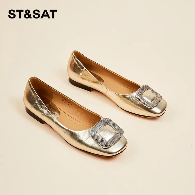 星期六水钻方头亮面单鞋一脚蹬舒适平底单鞋真皮软底乐福鞋瓢鞋女