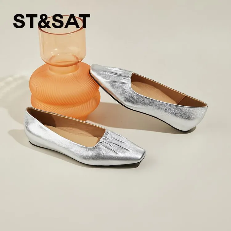 星期六银色单鞋女2024年春季新款气质小方头女鞋褶皱芭蕾平底瓢鞋