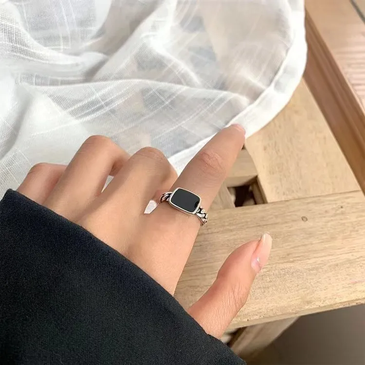 铜合金戒指 小众设计高级时尚轻奢新款方形黑色滴油开口食指戒指