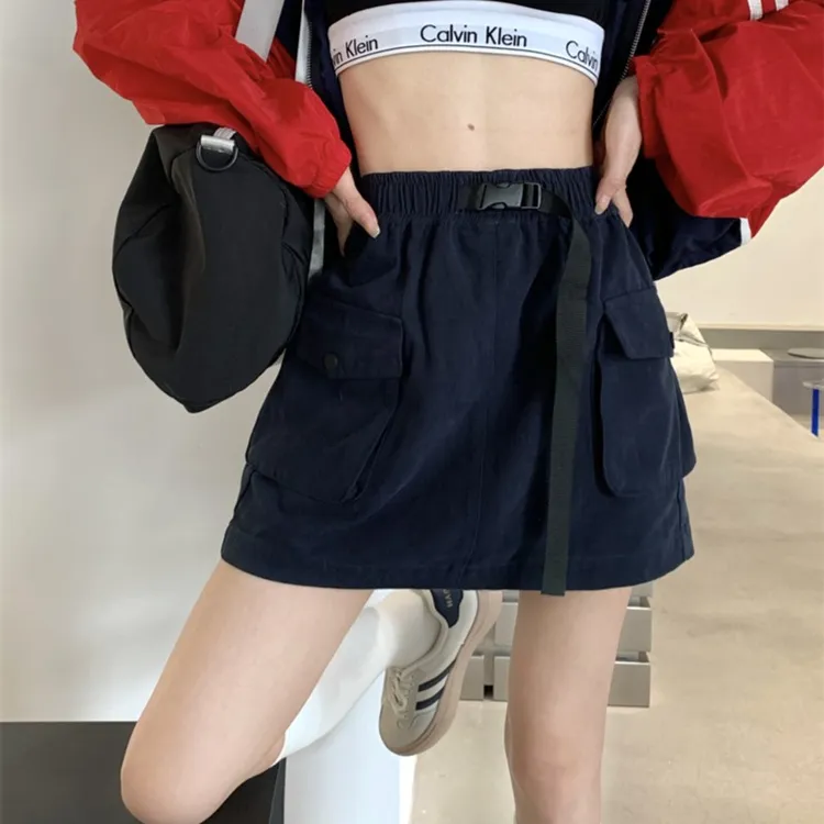 高腰工装短裙女夏季薄款大码胖mm遮肚显瘦设计感a字包臀半身裙子