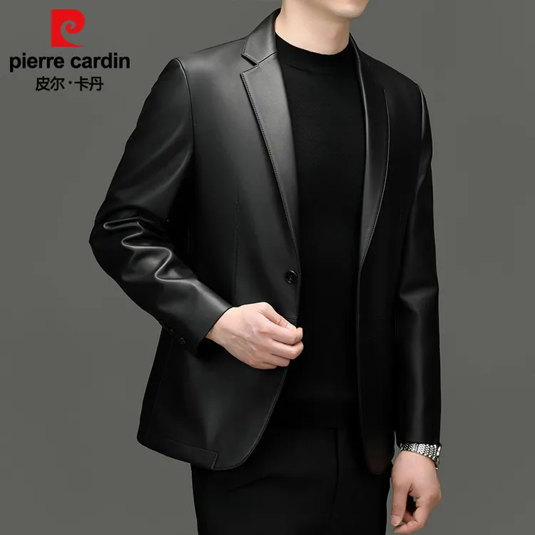 皮尔卡丹头层绵羊皮西装领春秋真皮皮衣中年高档轻奢商务休闲西服