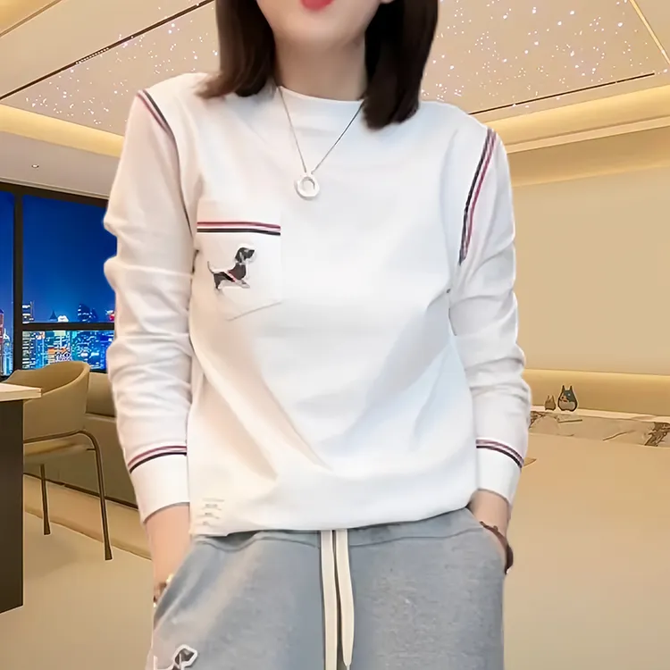时尚气质刺绣小狗卫衣女2025新款休闲圆领拼色长袖T恤上衣百搭