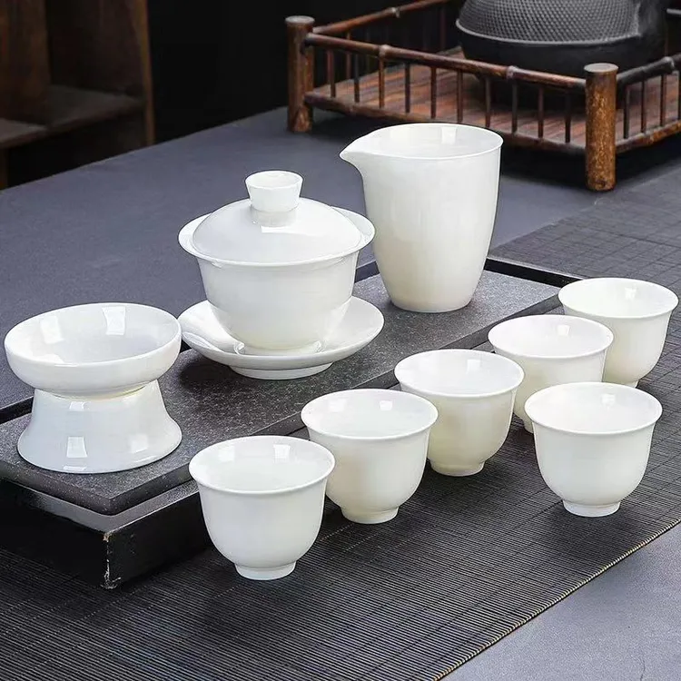 羊脂玉瓷功夫茶具套装家用客厅简约泡茶办公室会客全套盖碗茶具