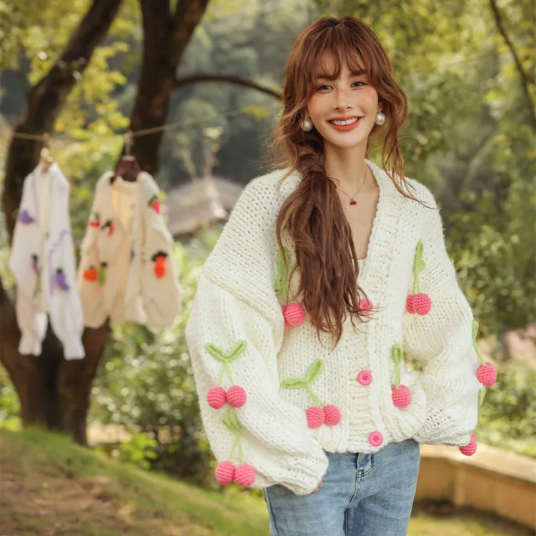 Cloud season手勾粉色樱桃开衫小香风秋季冬季春秋百搭韩版宽松