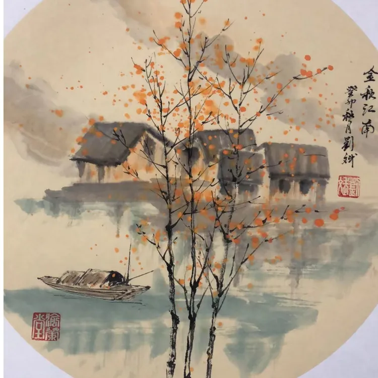 老师手绘国画卡纸50*50金秋江南