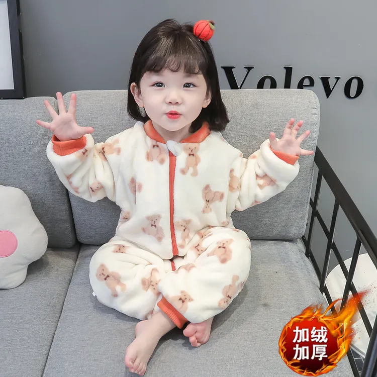 女童连体睡衣秋冬季珊瑚绒婴儿童法兰绒防踢睡袋小童宝宝冬加厚款