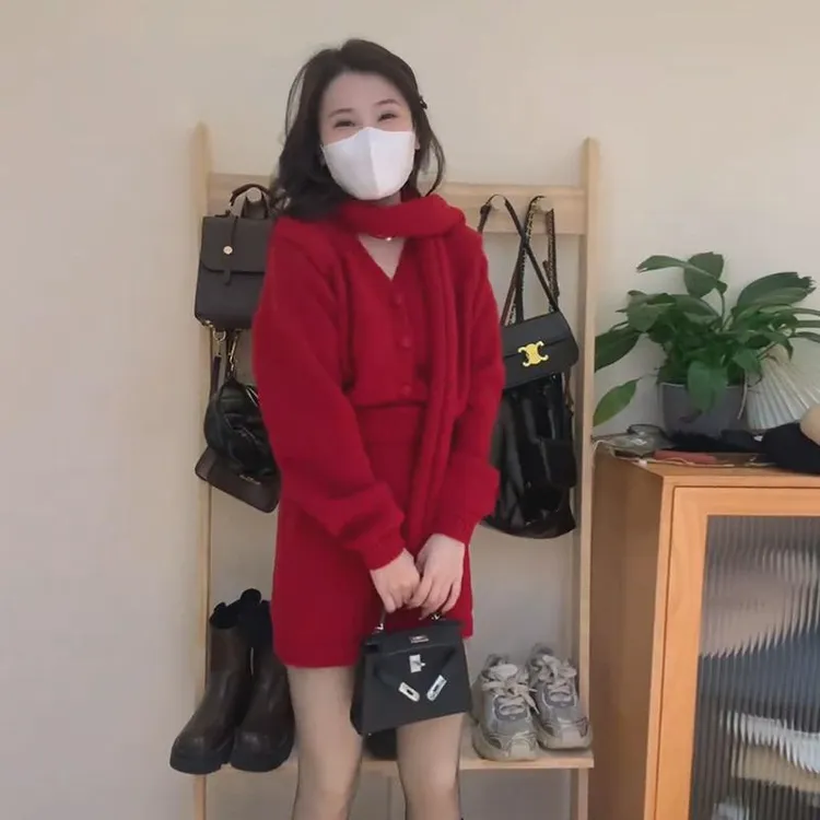 新年红色针织两件套装裙女秋冬季2024新款小香风深冬装搭配一整套