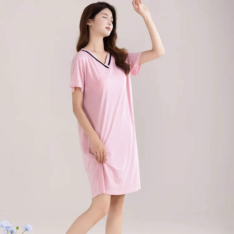 凉感莫代尔睡裙女夏季短袖2023年新款薄款纯色带胸垫连衣裙家居服