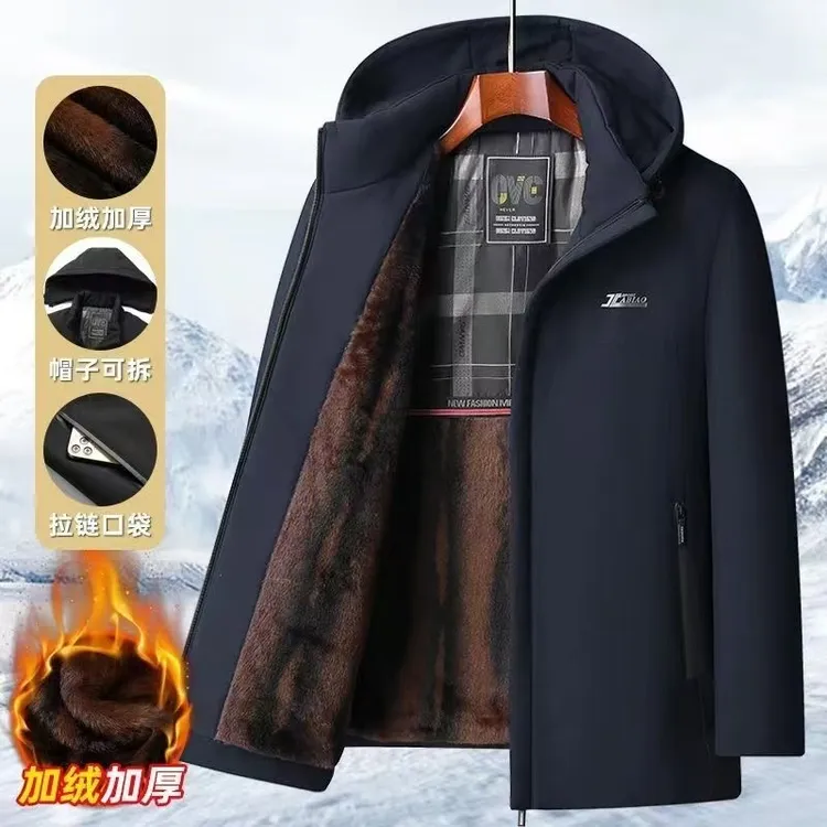冬季棉袄男士派克服男爸爸装加绒加厚宽松中老年商务男装保暖外套