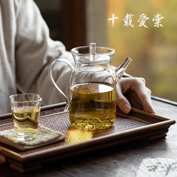 十载爱棠仿宋茶壶耐热玻璃绿茶壶透明带盖彩把加厚绿红花茶泡茶壶