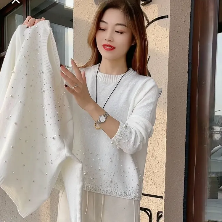 欧货重工烫钻钉珠针织衫女秋冬高级感气质减龄洋气圆领长袖毛衣女