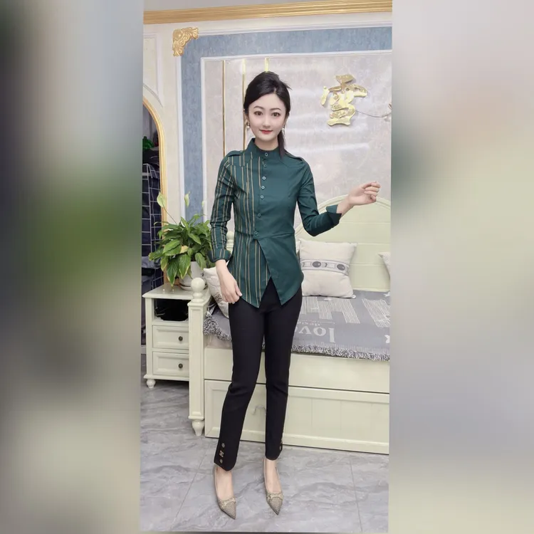 （6932）雪颖家2024年秋季新款拼接条纹衬衫气质显瘦百搭通勤风女