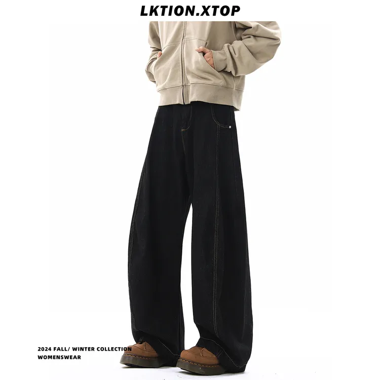 LK正品 美式复古弯刀裤男阔腿直筒休闲高街宽松黑色丹宁牛仔裤男