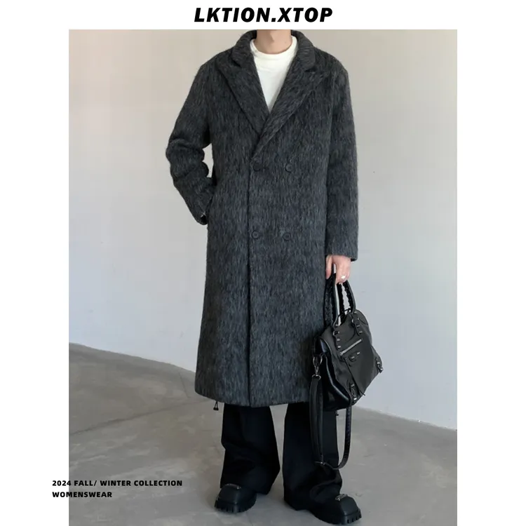 LK正品 潮老钱风高级感羊毛呢大衣男长款过膝双排扣风衣外套秋冬