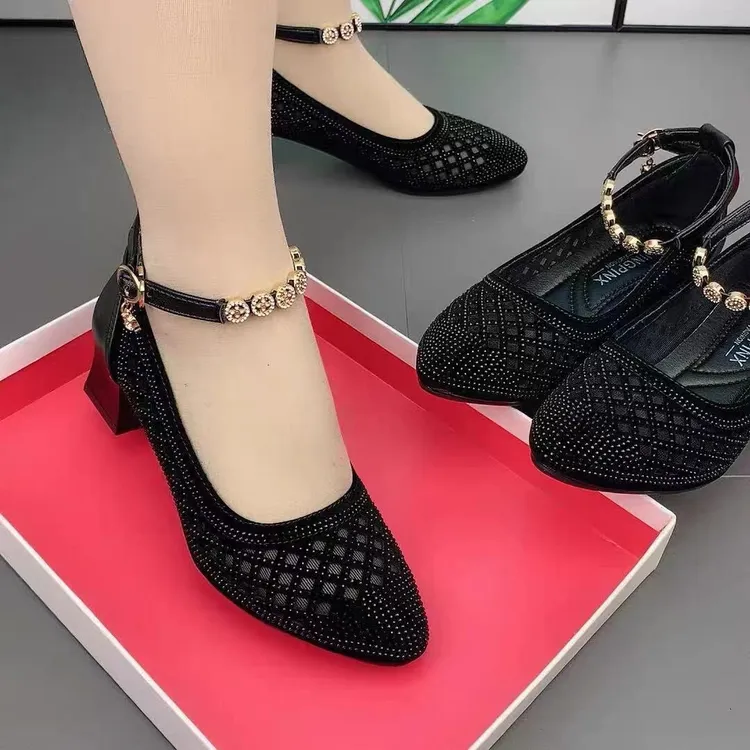 新款春夏凉鞋女粗跟高跟时尚百搭中年妈妈鞋走秀跳舞镂空网纱单鞋
