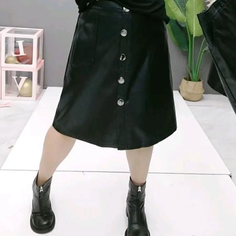 梦梦家1032款百搭显瘦松紧腰洋气水洗皮半身裙