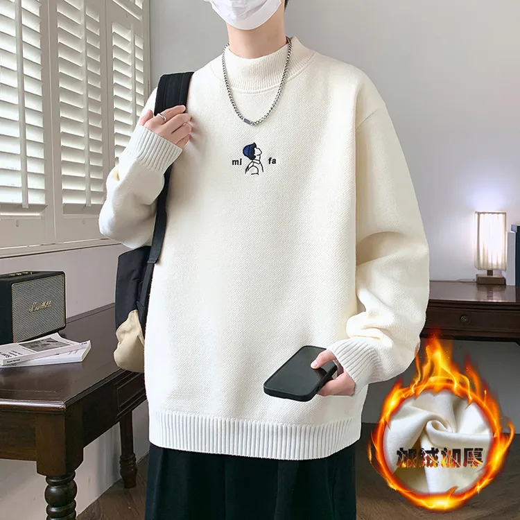 秋冬季2024新款加绒加厚毛衣男套头保暖内搭宽松男士百搭针织毛衫