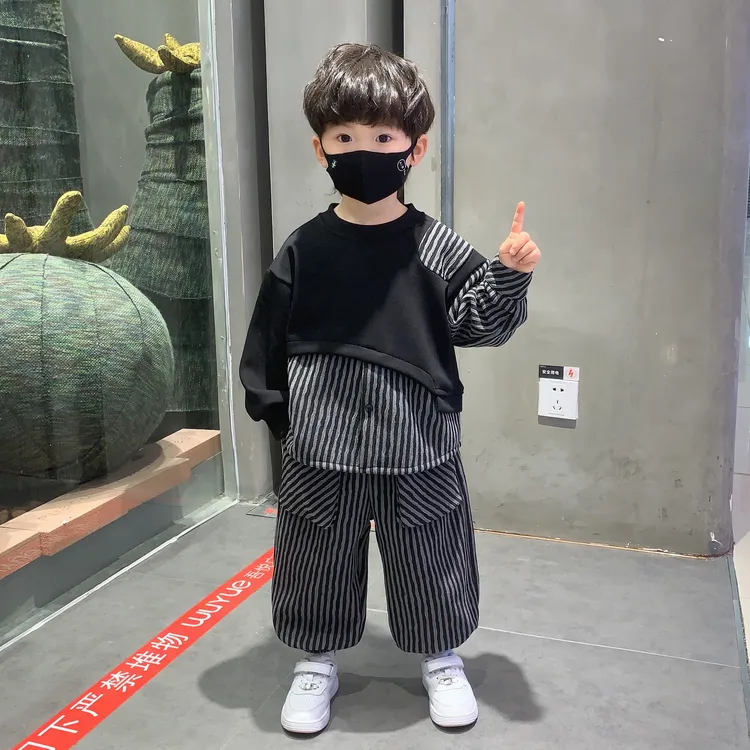 男童春秋季套装男孩洋气时髦秋装男宝小童衣服儿童韩版帅气条纹潮